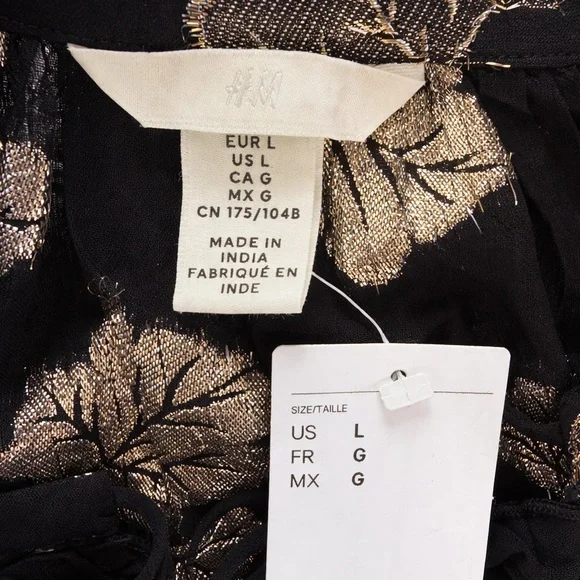 H&M Blouse black sheer gold metallic print size L - Picture 2 of 7